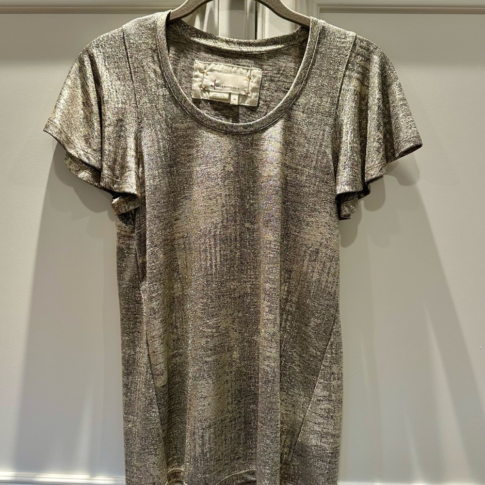 Anthropologie Shimmering Silver Short Sleeve Top